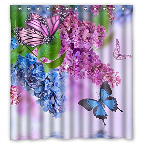 Butterflies on Purple Flower Waterproof Bathroom Fabric Shower Curtain 71inches